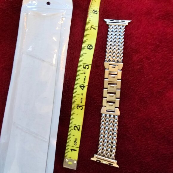 Metallic Zigzag Watch Band, Gold Center Links, Silver & Black Woven Pattern - Picture 3 of 4